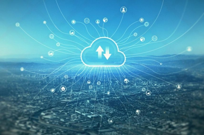 Cloud computing network over a city skyline representing IT services in Dubai